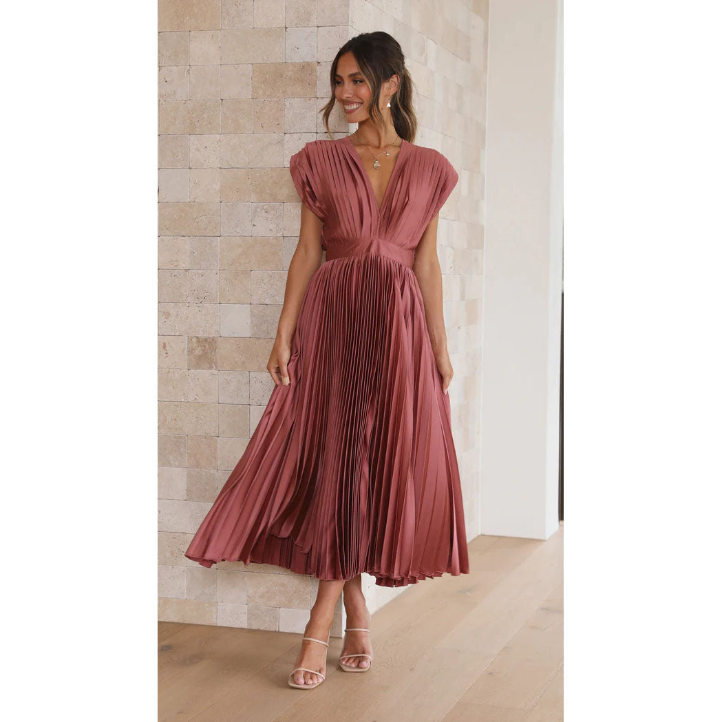 Robe midi plissée fluide à col V