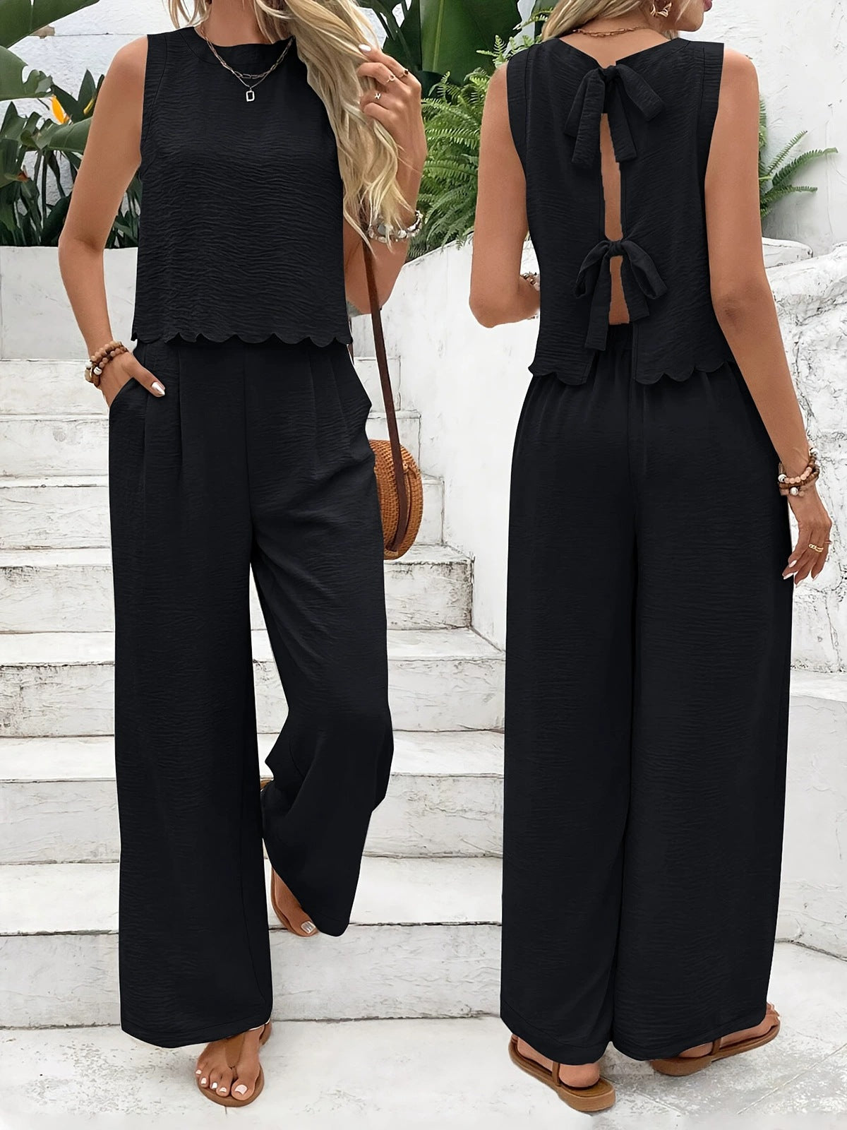 Ensemble sans manches à nœuds et pantalon large