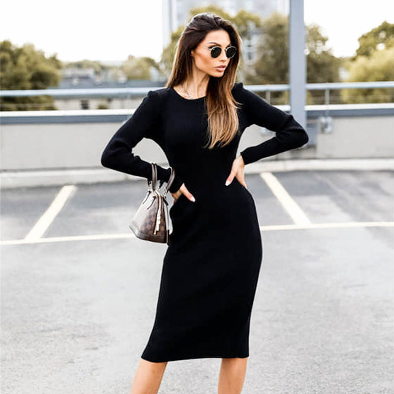 Robe midi côtelée à manches longues