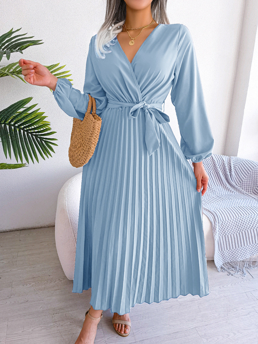 Robe maxi plissée à col croisé