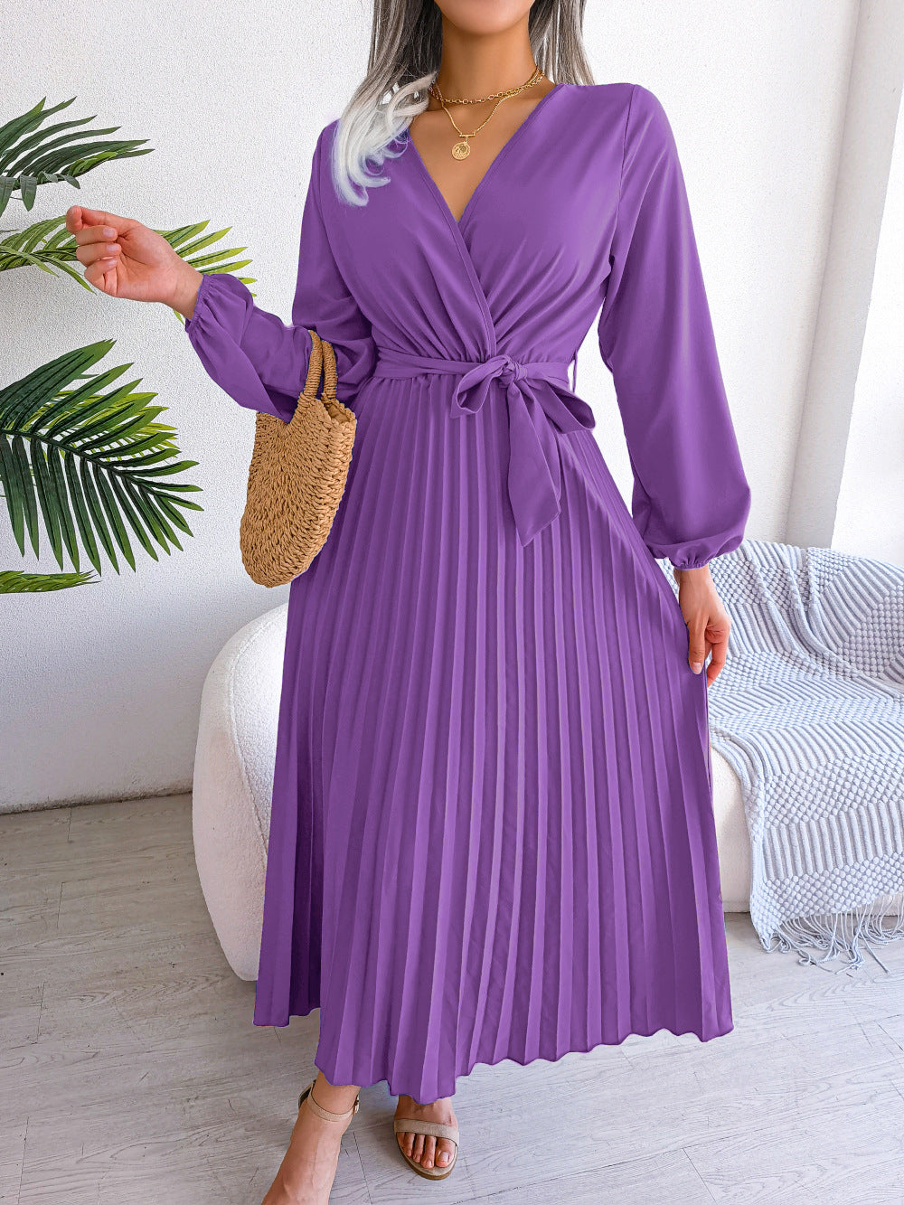 Robe maxi plissée à col croisé