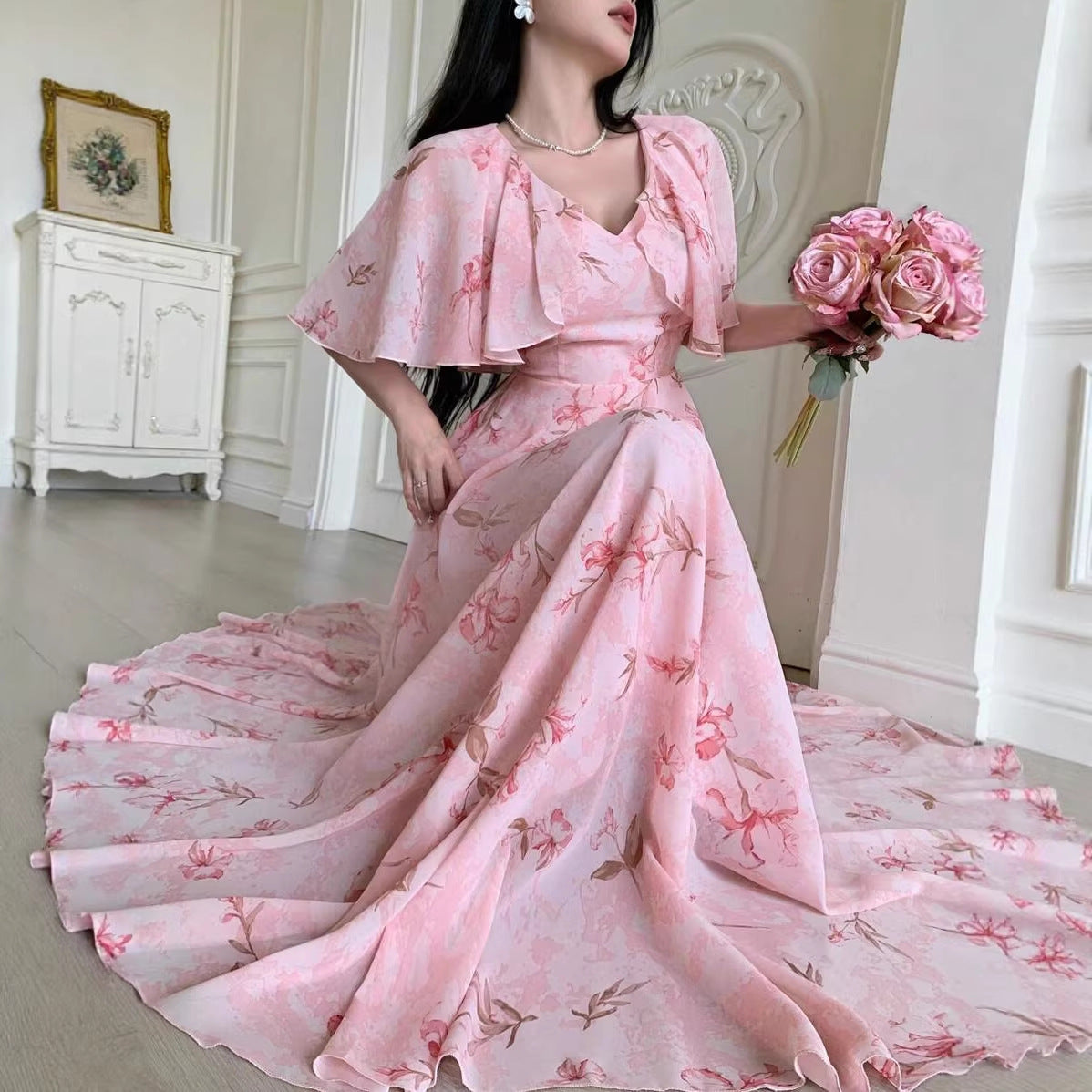 Robe longue fleurie en mousseline