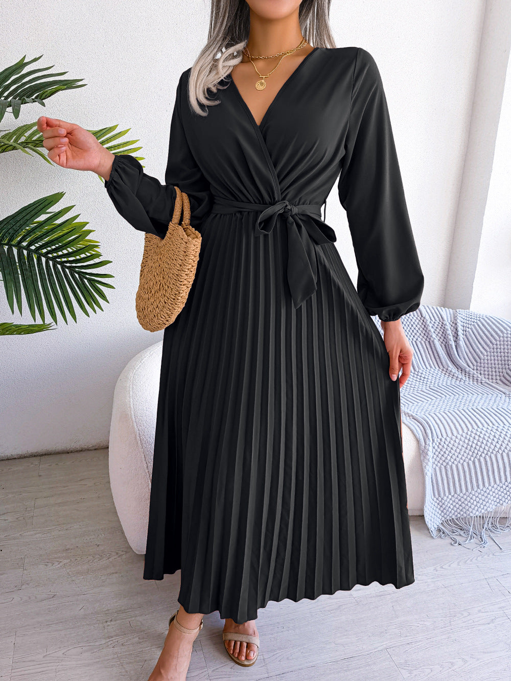 Robe maxi plissée à col croisé