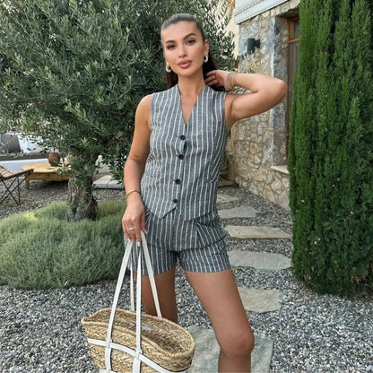 Ensemble rayé en coton et lin avec short