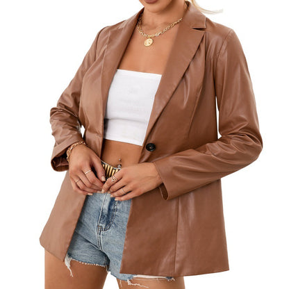 Blazer effet cuir camel à coupe droite