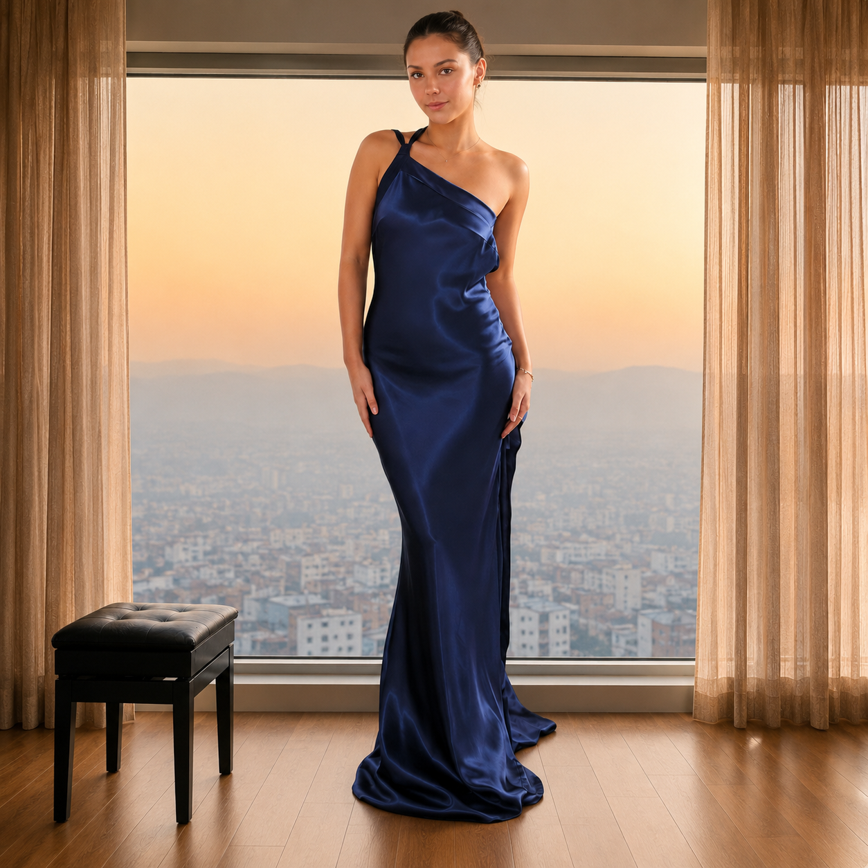 Robe longue asymétrique satinée