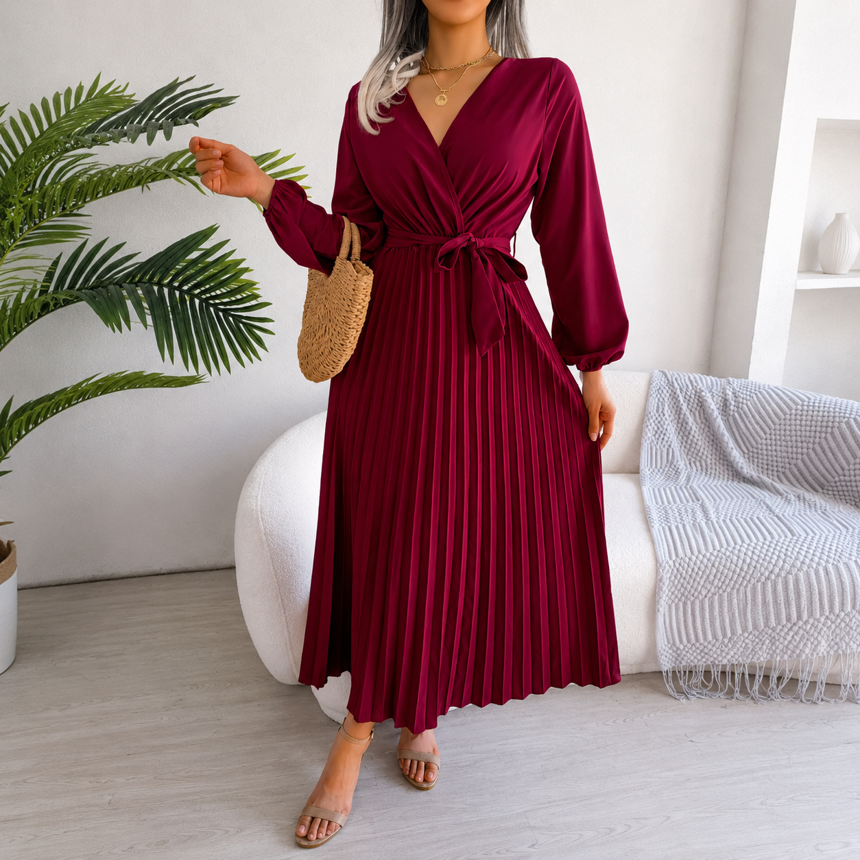 Robe maxi plissée à col croisé