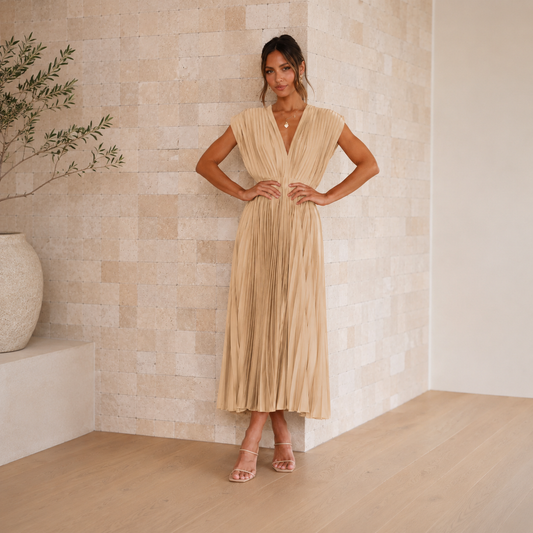 Robe midi plissée fluide à col V