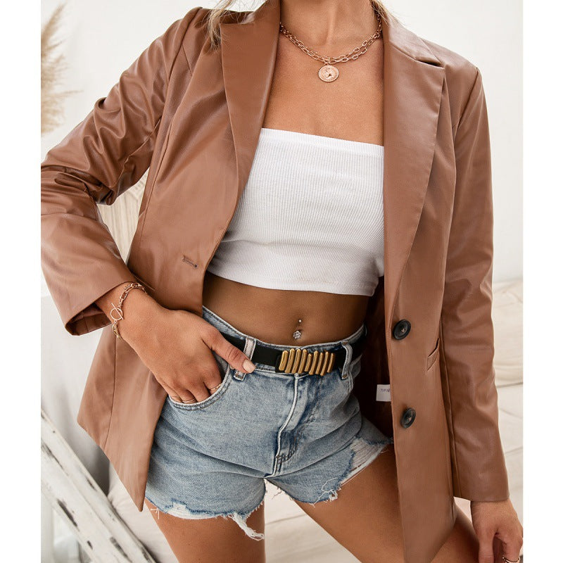 Blazer effet cuir camel à coupe droite