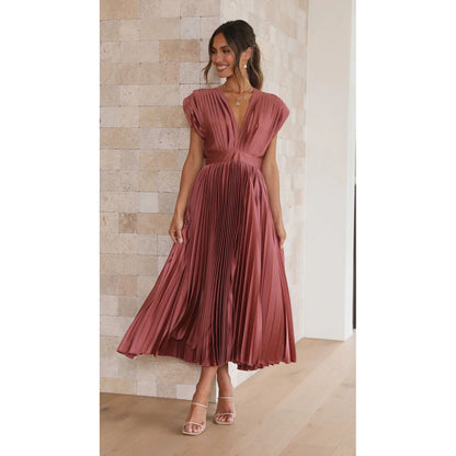 Robe midi plissée fluide à col V