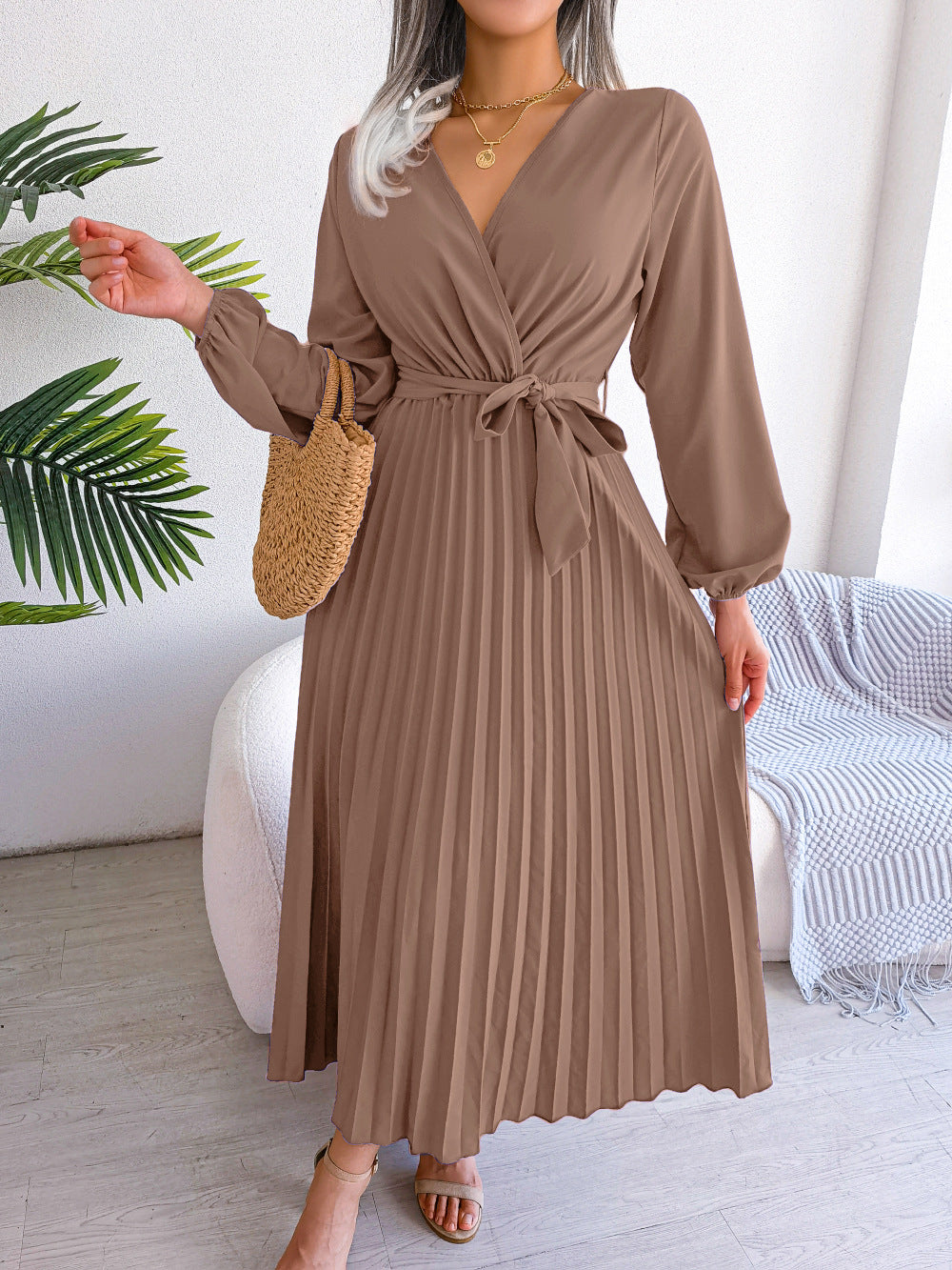 Robe maxi plissée à col croisé
