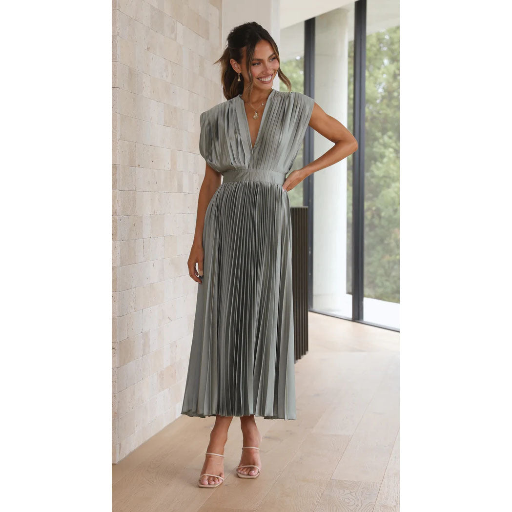 Robe midi plissée fluide à col V