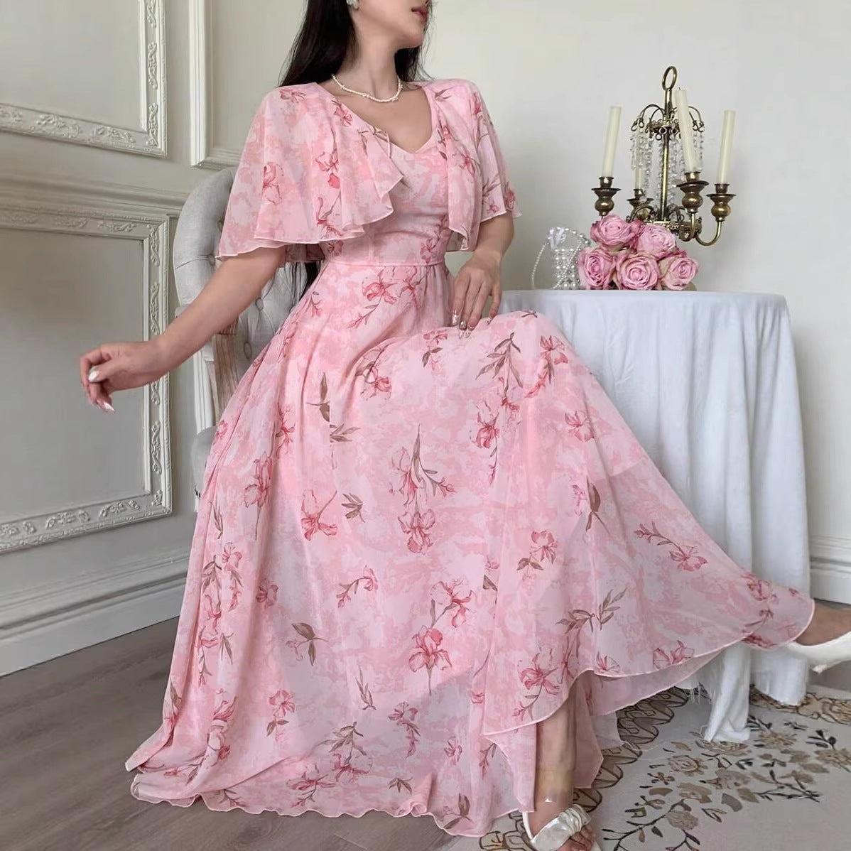 Robe longue fleurie en mousseline